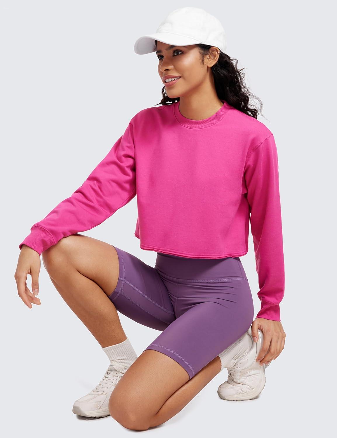 imageCRZ YOGA Womens Fleece Cropped Sweatshirts Crewneck Long Sleeve Double Raw Hem Workout Casual Pullover TopsHibiscus Purple