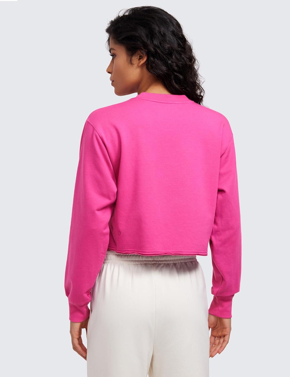 imageCRZ YOGA Womens Fleece Cropped Sweatshirts Crewneck Long Sleeve Double Raw Hem Workout Casual Pullover TopsHibiscus Purple