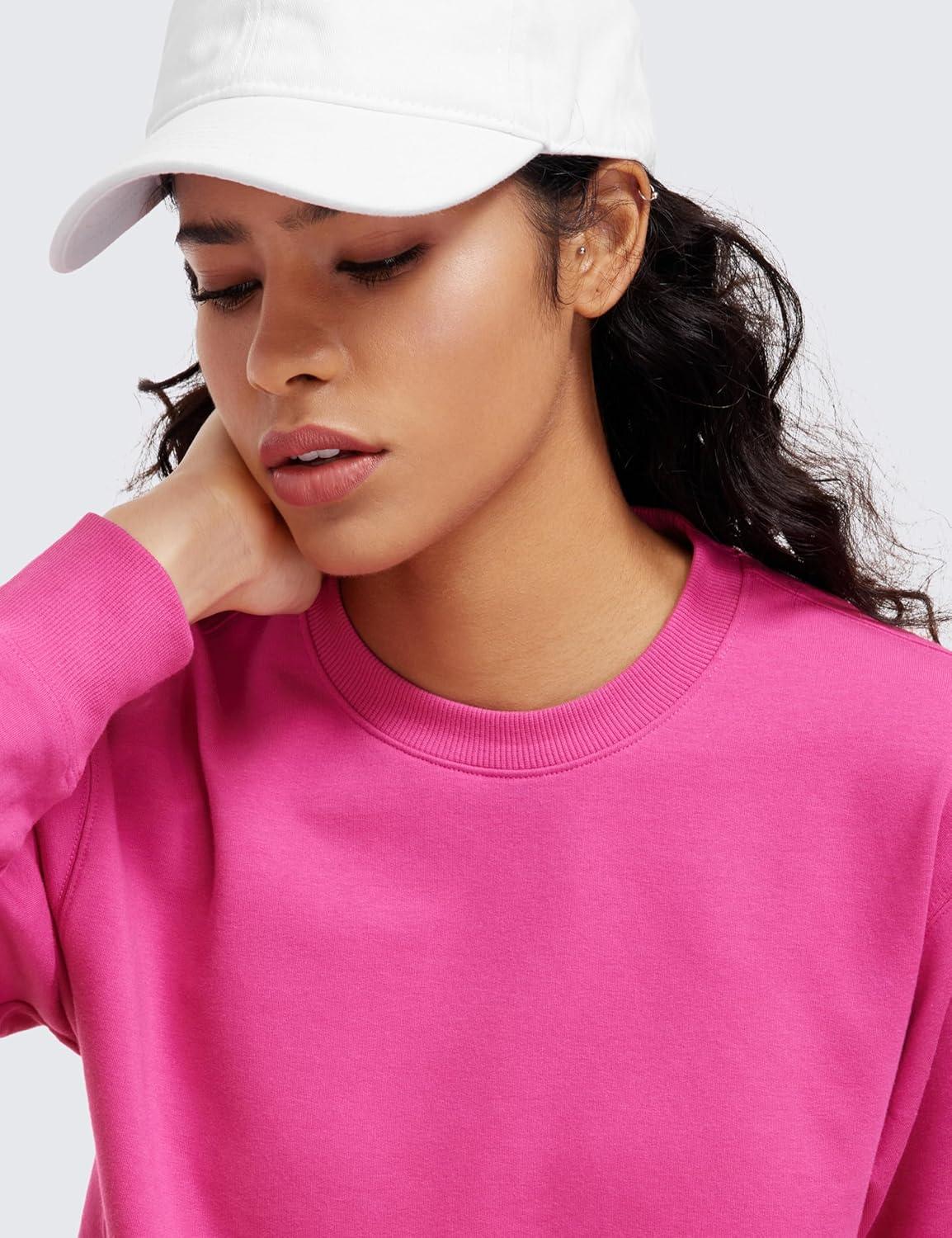 imageCRZ YOGA Womens Fleece Cropped Sweatshirts Crewneck Long Sleeve Double Raw Hem Workout Casual Pullover TopsHibiscus Purple