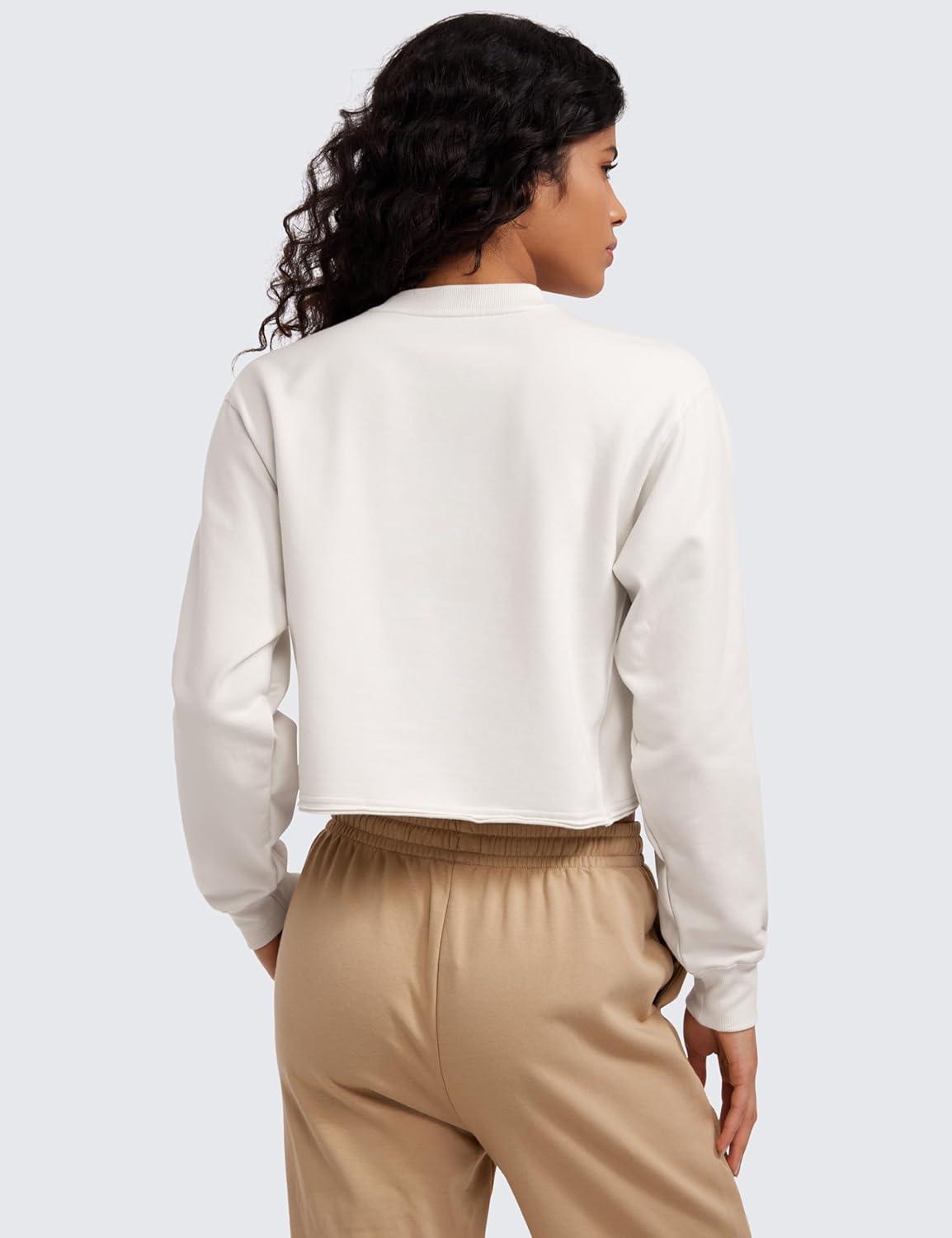 imageCRZ YOGA Womens Fleece Cropped Sweatshirts Crewneck Long Sleeve Double Raw Hem Workout Casual Pullover TopsMilky White Bone