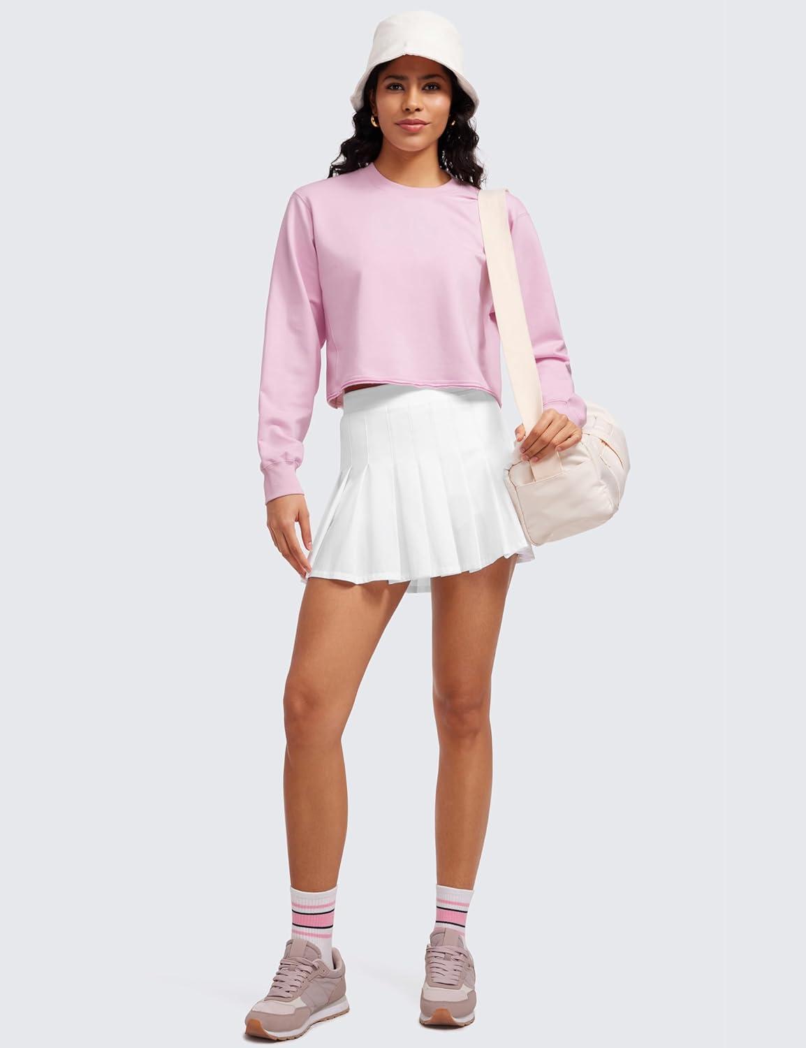 imageCRZ YOGA Womens Fleece Cropped Sweatshirts Crewneck Long Sleeve Double Raw Hem Workout Casual Pullover TopsPink Peony