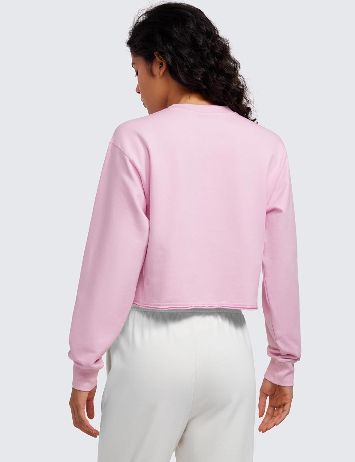 imageCRZ YOGA Womens Fleece Cropped Sweatshirts Crewneck Long Sleeve Double Raw Hem Workout Casual Pullover TopsPink Peony