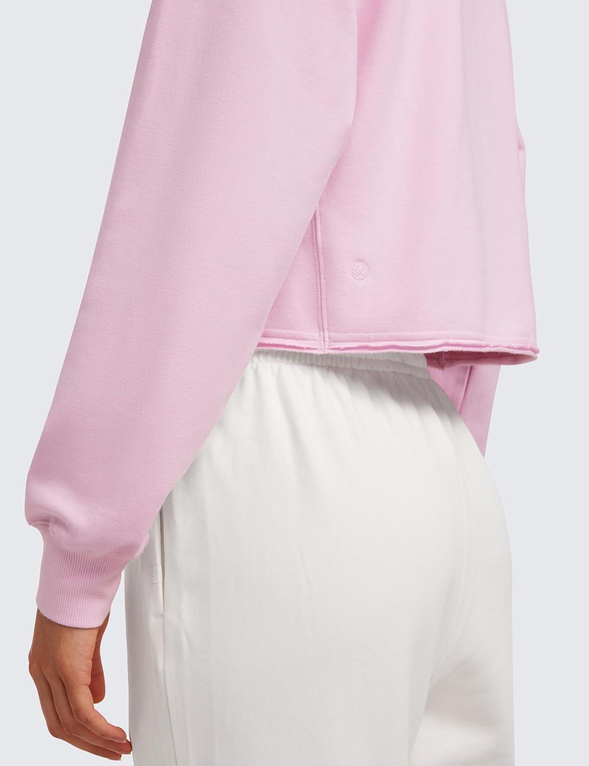 imageCRZ YOGA Womens Fleece Cropped Sweatshirts Crewneck Long Sleeve Double Raw Hem Workout Casual Pullover TopsPink Peony