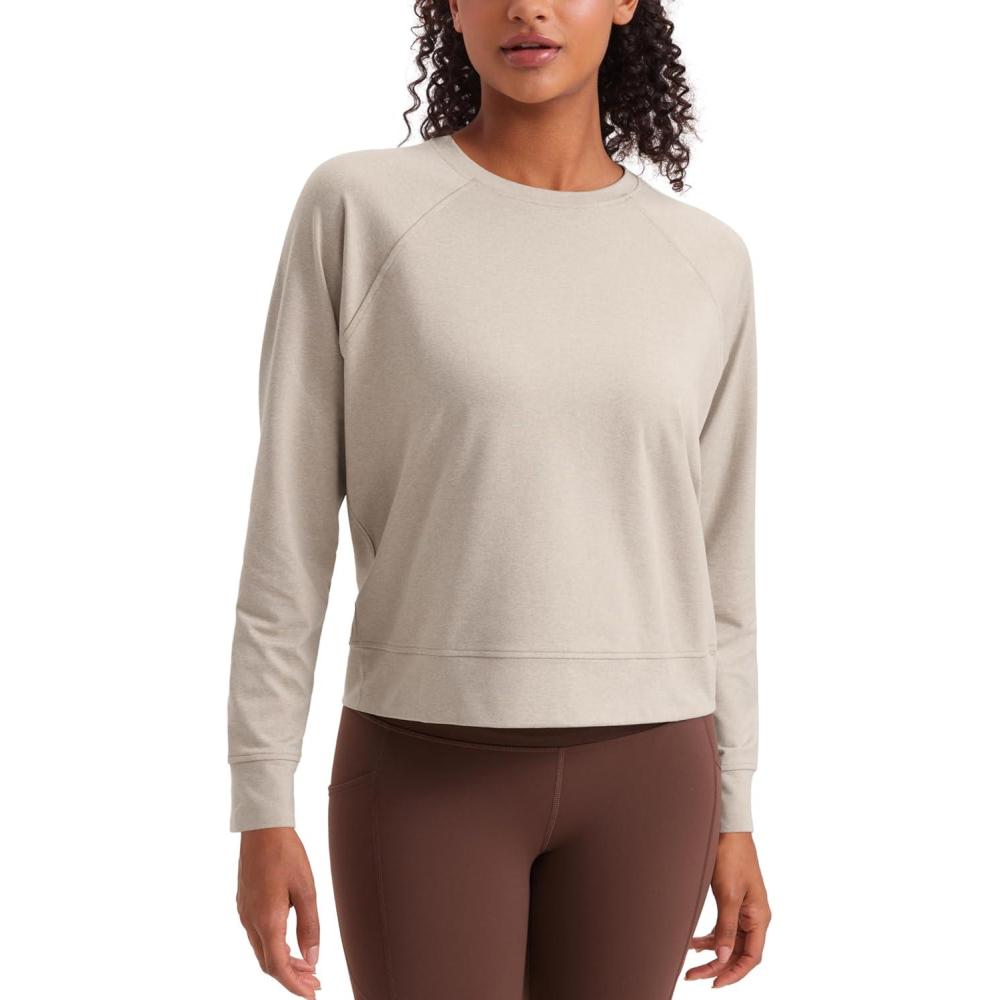 imageCRZ YOGA Cloud Jersey Pullover Sweatshirt for Women Long Sleeve Soft Casual Crewneck Tops Basic Workout Fall ShirtsMojave Tan