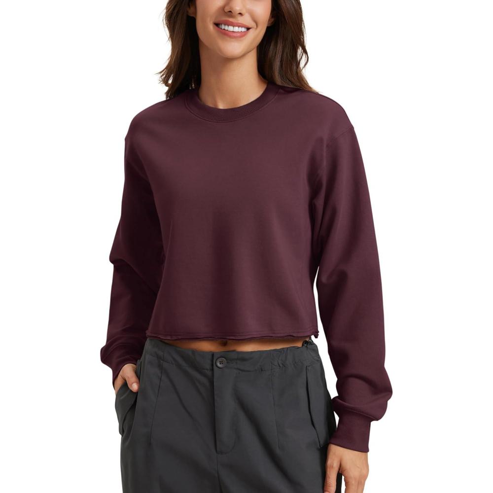 imageCRZ YOGA Womens Fleece Cropped Sweatshirts Crewneck Long Sleeve Double Raw Hem Workout Casual Pullover TopsDark Red