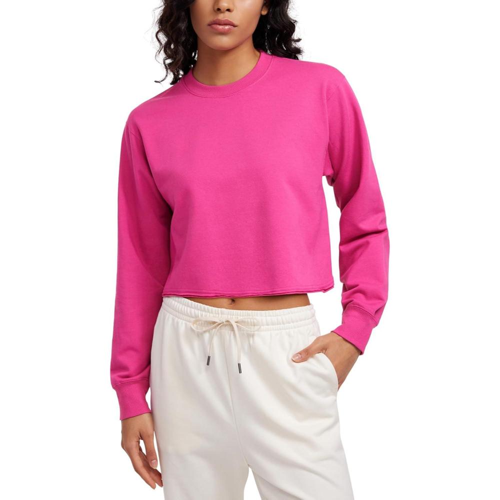 imageCRZ YOGA Womens Fleece Cropped Sweatshirts Crewneck Long Sleeve Double Raw Hem Workout Casual Pullover TopsHibiscus Purple