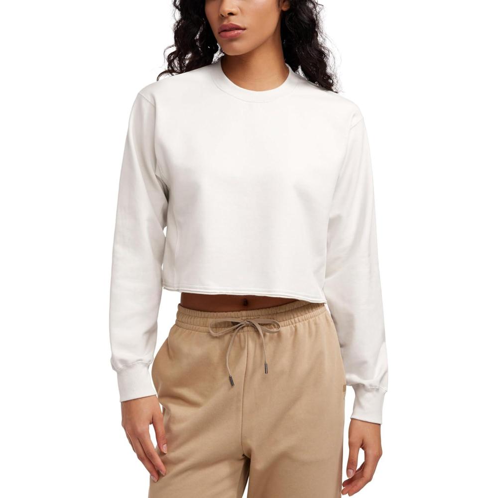 imageCRZ YOGA Womens Fleece Cropped Sweatshirts Crewneck Long Sleeve Double Raw Hem Workout Casual Pullover TopsMilky White Bone
