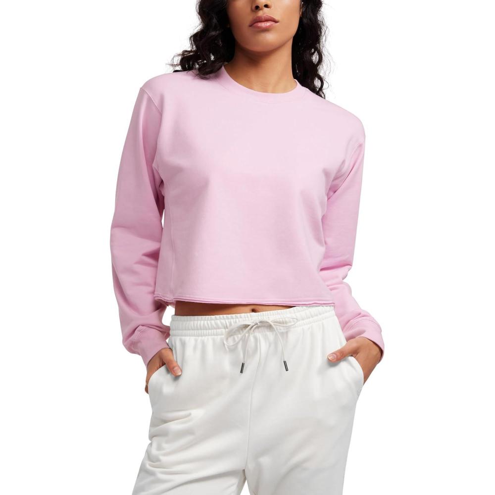 imageCRZ YOGA Womens Fleece Cropped Sweatshirts Crewneck Long Sleeve Double Raw Hem Workout Casual Pullover TopsPink Peony