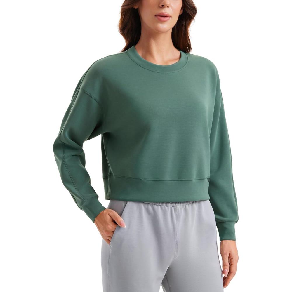 imageCRZ YOGA Womens SoftAura Crewneck Sweatshirt Long Sleeve Workout Casual Pullover Basic Fall TopsDark Forest Green
