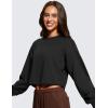 imageCRZ YOGA Womens Fleece Cropped Sweatshirts Crewneck Long Sleeve Double Raw Hem Workout Casual Pullover TopsBlack