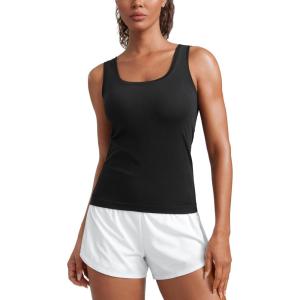 imageCRZ YOGA Seamless Scoop Neck Tank Low UBack Breathable Workout Tops for Women Sleeveless Athletic Running Gym ShirtsBlack