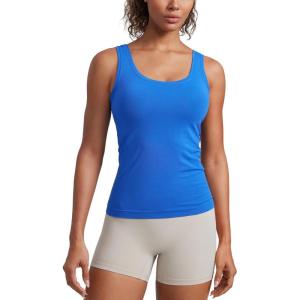 imageCRZ YOGA Seamless Scoop Neck Tank Low UBack Breathable Workout Tops for Women Sleeveless Athletic Running Gym ShirtsSparkle Blue