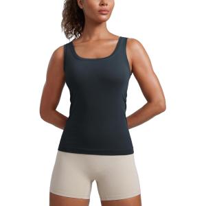 imageCRZ YOGA Seamless Scoop Neck Tank Low UBack Breathable Workout Tops for Women Sleeveless Athletic Running Gym ShirtsTrue Navy