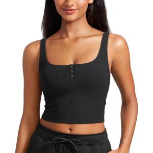 imageCRZ YOGA Womens Ribbed Henley Longline Sports Bras  Square Back Padded Yoga Workout Crop Tank Top with Built in PadsBlack