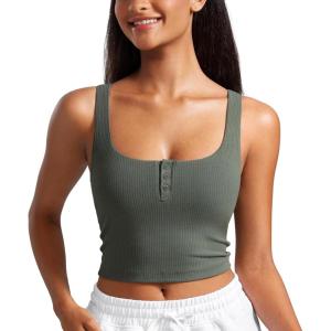 imageCRZ YOGA Womens Ribbed Henley Longline Sports Bras  Square Back Padded Yoga Workout Crop Tank Top with Built in PadsGrey Sage