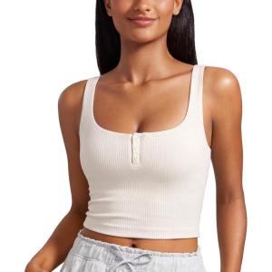 imageCRZ YOGA Womens Ribbed Henley Longline Sports Bras  Square Back Padded Yoga Workout Crop Tank Top with Built in PadsMilky White Bone