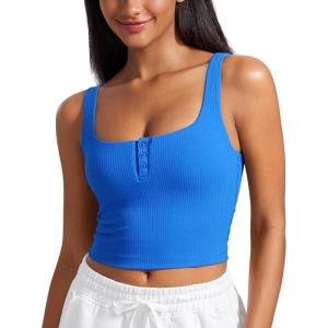 imageCRZ YOGA Womens Ribbed Henley Longline Sports Bras  Square Back Padded Yoga Workout Crop Tank Top with Built in PadsSparkle Blue