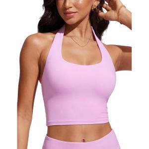 imageCRZ YOGA Womens Halter Bikini Tops Full Coverage Swim Bathing Suit Scoop Neck Backless Swimsuit PaddedVita Pink