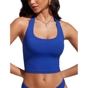 imageCRZ YOGA Womens Halter Bikini Tops Full Coverage Swim Bathing Suit Scoop Neck Backless Swimsuit PaddedWaves Blue