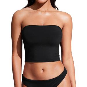 imageCRZ YOGA Womens Bandeau Bikini Tops Strapless Swimsuit Adjustable Spaghetti Straps Bathing Suit Crop Tankini PaddedBlack