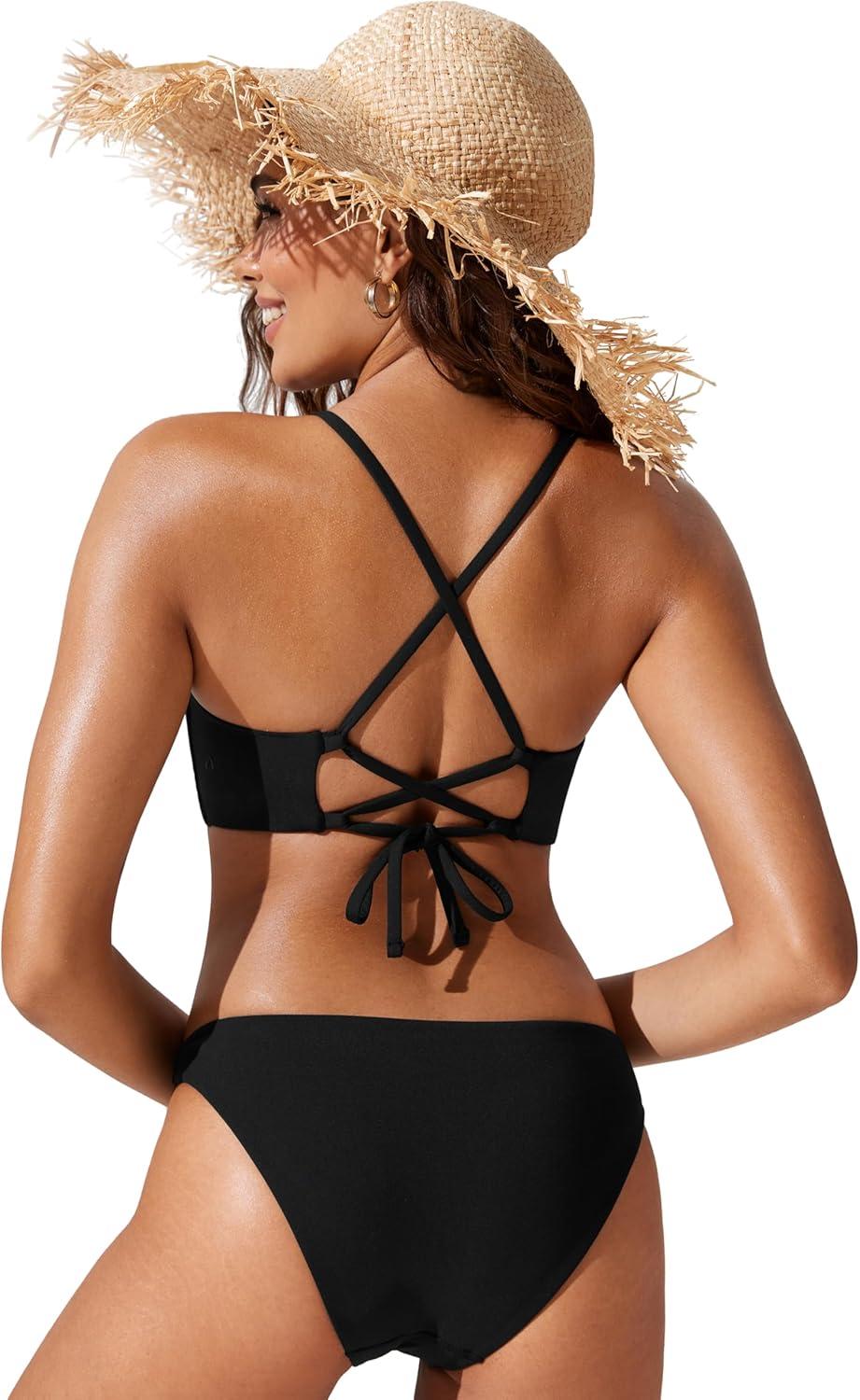 imageCRZ YOGA Womens Bikini Tops High Neck Crisscross Back Bathing Suit Swim Bra PaddedBlack