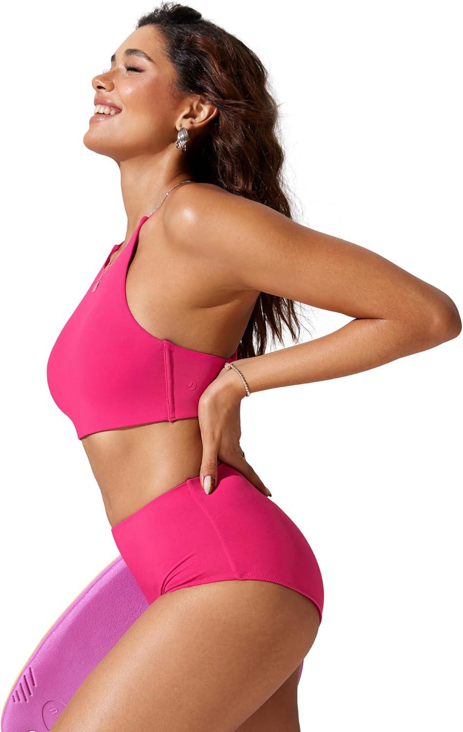 imageCRZ YOGA Womens Bikini Tops High Neck Crisscross Back Bathing Suit Swim Bra PaddedGranita Pink