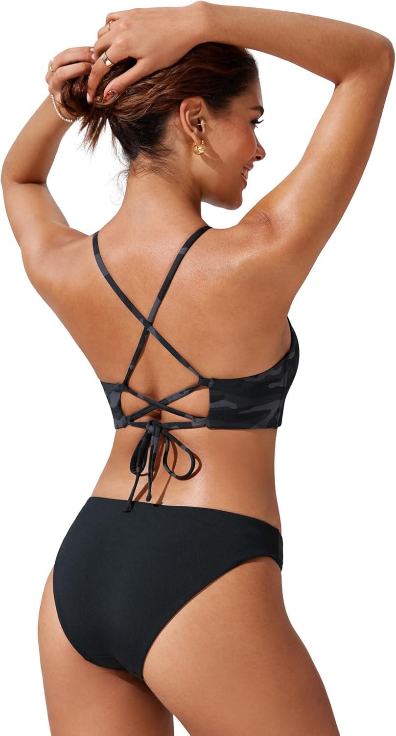 imageCRZ YOGA Womens Bikini Tops High Neck Crisscross Back Bathing Suit Swim Bra PaddedJungle Camouflage Gray