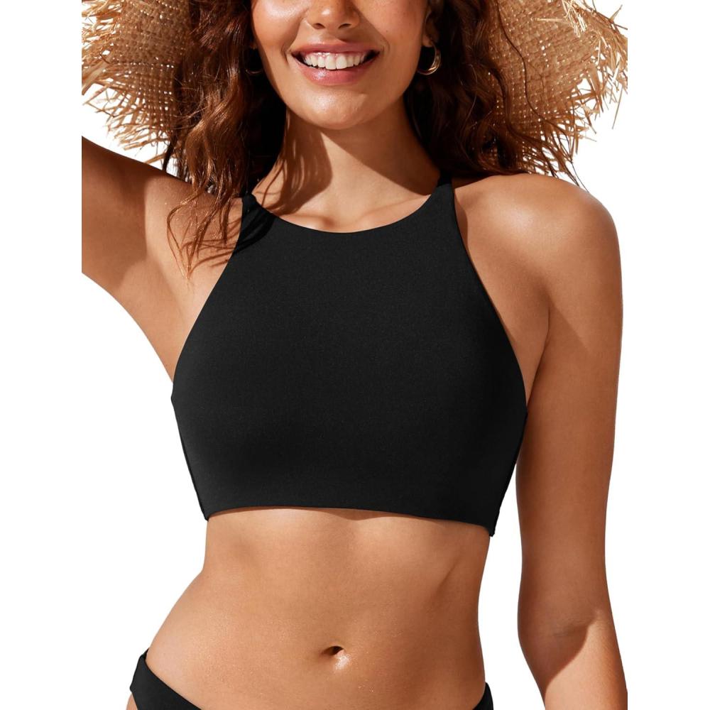 imageCRZ YOGA Womens Bikini Tops High Neck Crisscross Back Bathing Suit Swim Bra PaddedBlack