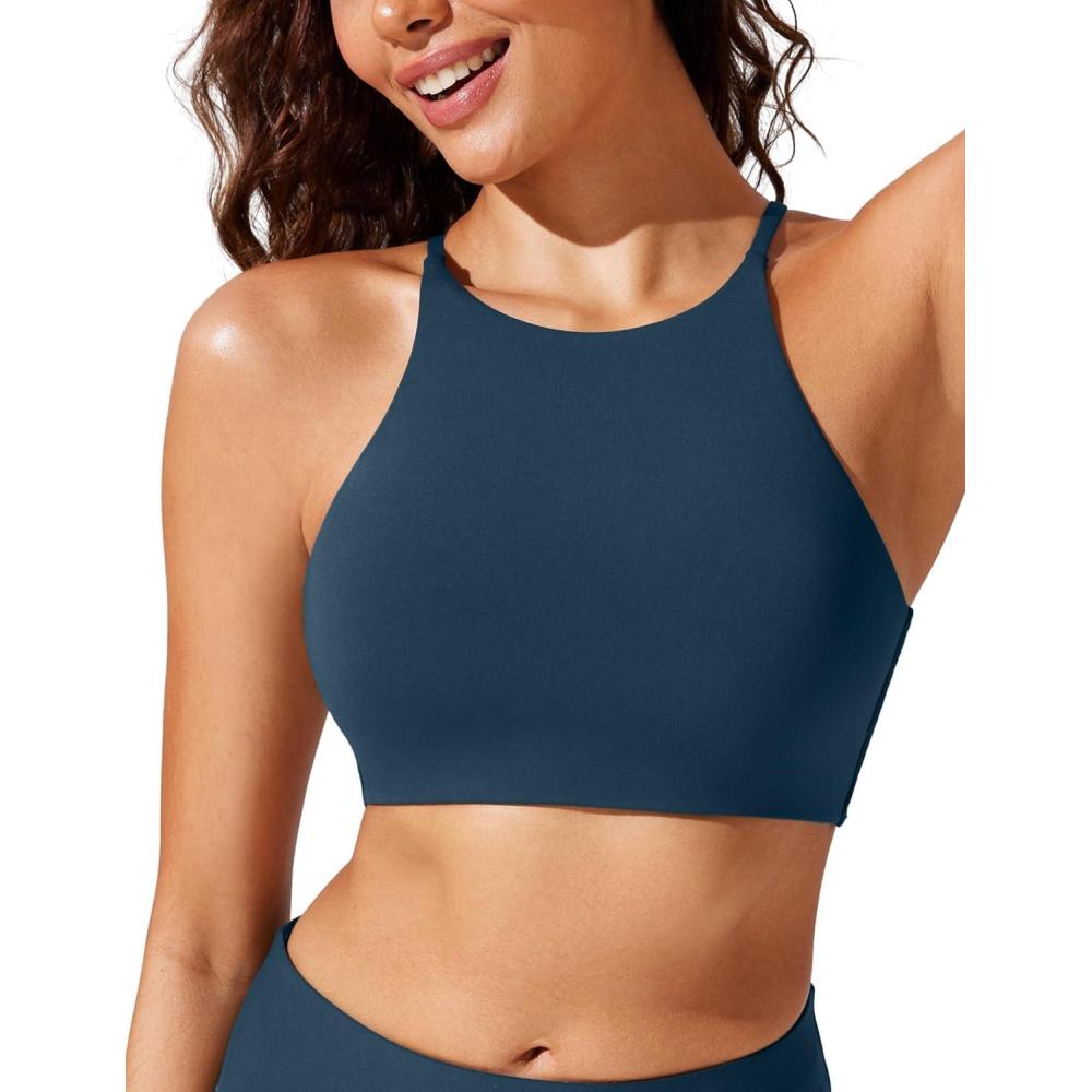 imageCRZ YOGA Womens Bikini Tops High Neck Crisscross Back Bathing Suit Swim Bra PaddedInsignia Blue