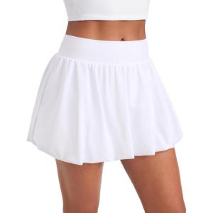 imageCRZ YOGA Bubble High Waisted Tennis Skirts for Women Casual Athletic Mini Ruffled Hem Balloon Skort with Side PocketsWhite