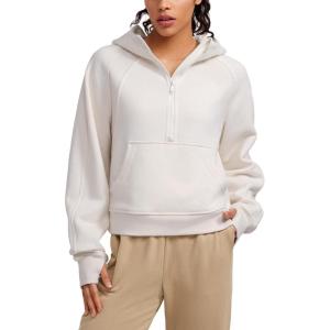 imageCRZ YOGA Womens Fleece Lined Half Zip Hoodies Pullover Oversized Long Sleeve Casual Workout Sweatshirts with Thumb HolesMilky White Bone