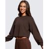 imageCRZ YOGA Womens Fleece Cropped Sweatshirts Crewneck Long Sleeve Sweat Shirts Double Raw Hem Workout Casual Pullover TopsHot Fudge Brown