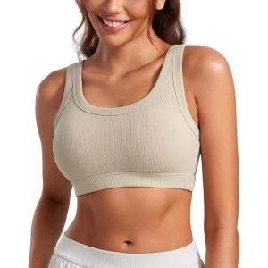 imageCRZ YOGA Ribbed Sports Bras for Women  U Back Wireless Medium Impact Sports Bra Padded Yoga Workout BraMojave Tan