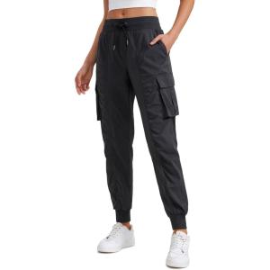imageCRZ YOGA Lightweight Workout Cargo Joggers for Women Ruched Casual Travel Athletic Hiking Pants with PocketsBlack