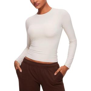 imageCRZ YOGA Long Sleeve Shirts for Women Soft Crew Neck Fall Basic Tight Tops Fitted Casual Going Out Tee ShirtMilky White