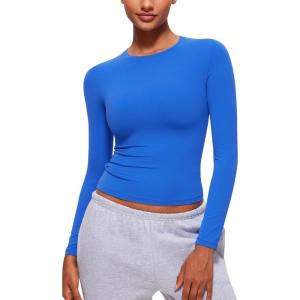 imageCRZ YOGA Long Sleeve Shirts for Women Soft Crew Neck Fall Basic Tight Tops Fitted Casual Going Out Tee ShirtSparkle Blue