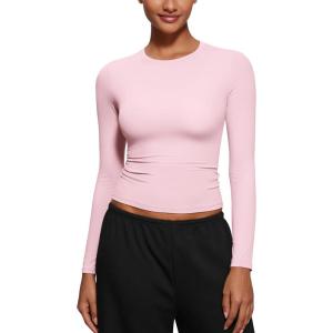 imageCRZ YOGA Long Sleeve Shirts for Women Soft Crew Neck Fall Basic Tight Tops Fitted Casual Going Out Tee ShirtStrawberry Pink