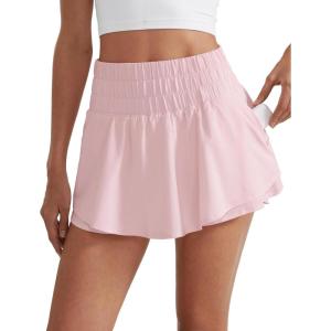 imageCRZ YOGA Athletic Shorts for Women High Waisted Flowy Ruffle Skirt Overlay for Workout Running Tennis with Zip PocketStrawberry Pink