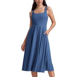 imageCRZ YOGA Cloudweight Double Lined Square Neck Midi Dresses for Women Casual Summer Sleeveless Outfits with Side PocketsPitch Blue