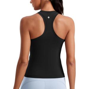 imageCRZ YOGA Seamless Womens Breathable Workout Tank Tops Racerback High Neck Sleeveless Running Athletic ShirtsBlack