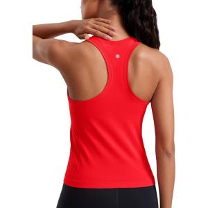 imageCRZ YOGA Seamless Womens Breathable Workout Tank Tops Racerback High Neck Sleeveless Running Athletic ShirtsDeep Red