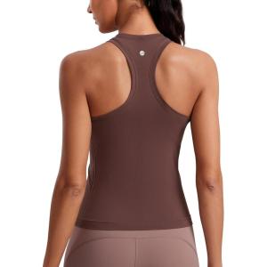imageCRZ YOGA Seamless Womens Breathable Workout Tank Tops Racerback High Neck Sleeveless Running Athletic ShirtsTaupe