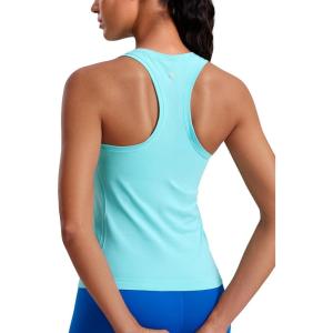 imageCRZ YOGA Seamless Womens Breathable Workout Tank Tops Racerback High Neck Sleeveless Running Athletic ShirtsTurquoise