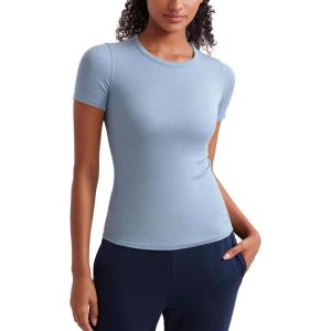 imageCRZ YOGA Womens Ribbed Modal Casual Short Sleeve Crew Neck Basic Shirts Going Out Soft Fitted Stretchy Athletic Workout TopsCambric Blue