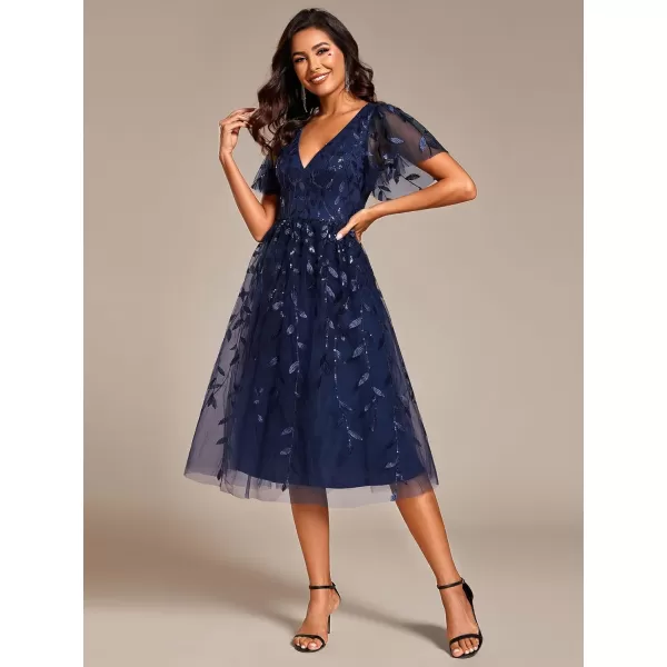 EverPretty Womens Sexy Summer Tulle Sequin Midi VNeck A Line Wedding Guest Dress 02230Navyblue