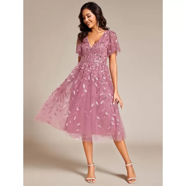 EverPretty Womens Sexy Summer Tulle Sequin Midi VNeck A Line Wedding Guest Dress 02230Orchid