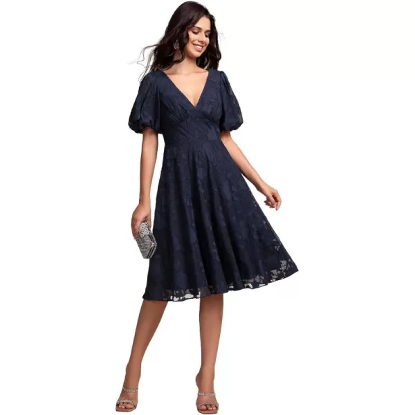 EverPretty Womens Lace V Neck Ruffles Sleeves Pleated Empire Waist ALine Maxi Formal Dresses 02245Navy Blue