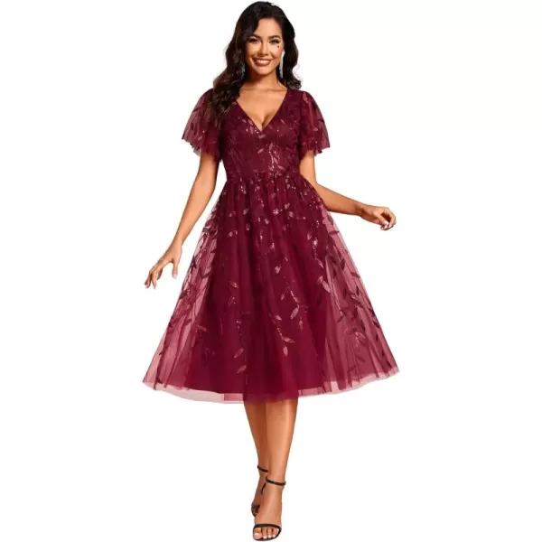 EverPretty Womens Sexy Summer Tulle Sequin Midi VNeck A Line Wedding Guest Dress 02230Burgundy