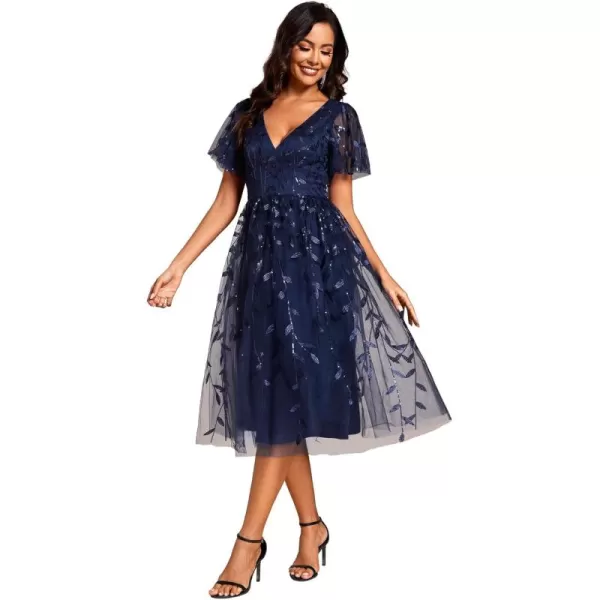 EverPretty Womens Sexy Summer Tulle Sequin Midi VNeck A Line Wedding Guest Dress 02230Navyblue