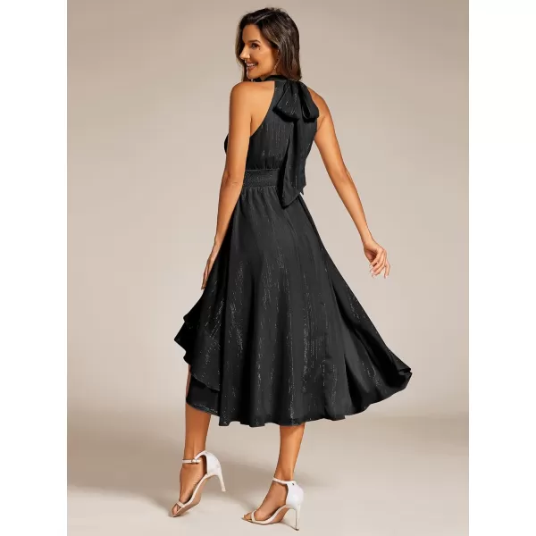 EverPretty Womens Halterneck Elastic Waist Glitter High Low Summer Wedding Guest Dress with Layered Ruffles 31977Black